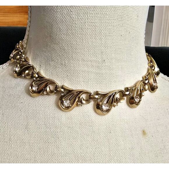 Trifari Necklace Pat Pending Choker Leaf Shaped Clear Rhinestones 14" L SKU 2254 - Picture 1 of 10